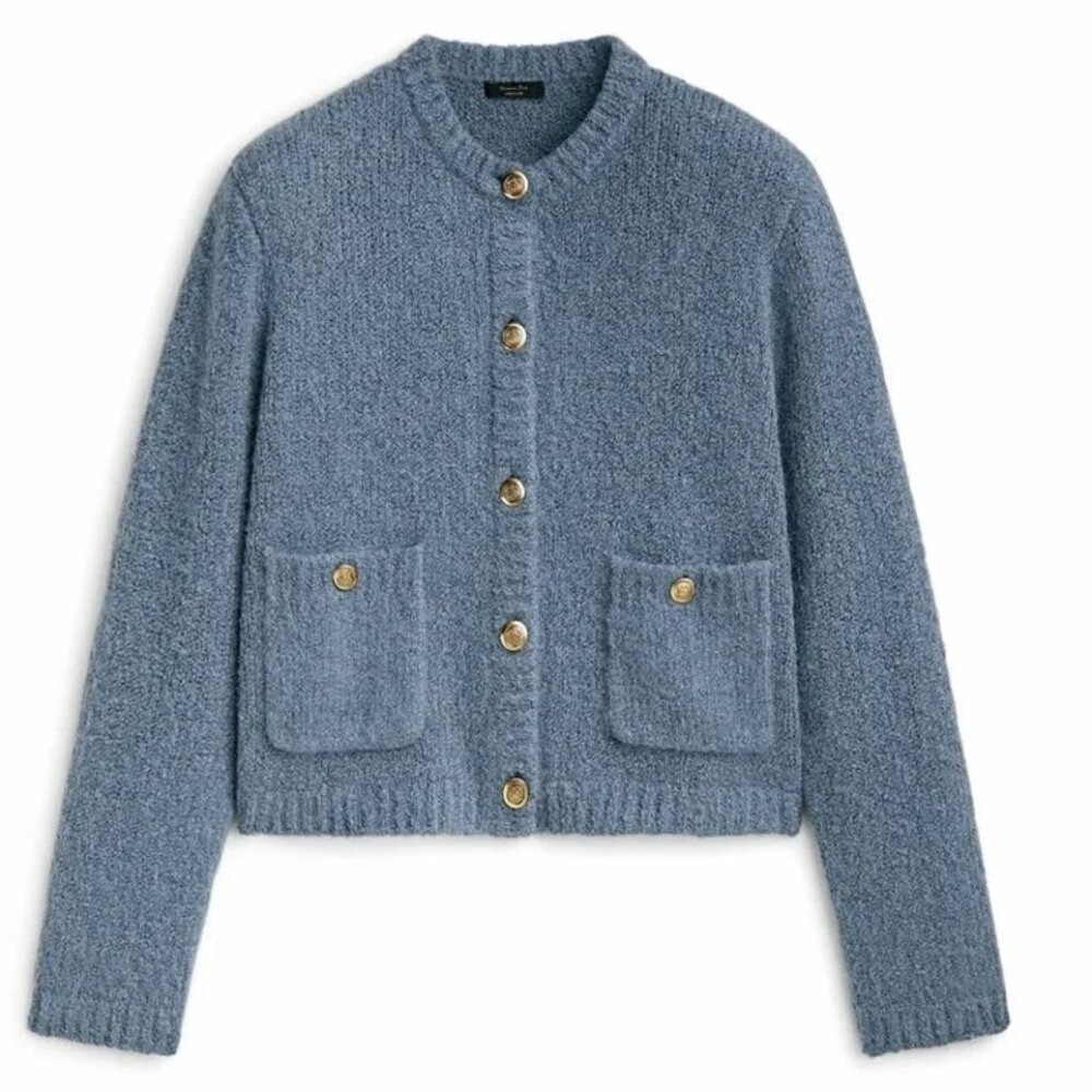 Massimo Dutti Blue Textured Knit Bouclé Button-Front Cardigan